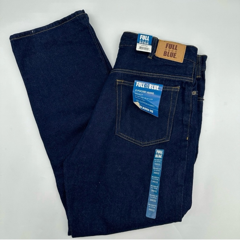 Full Blue Dark Indigo Relaxed Fit Jeans 5 Pockets 100% Cotton 34x32 NWT